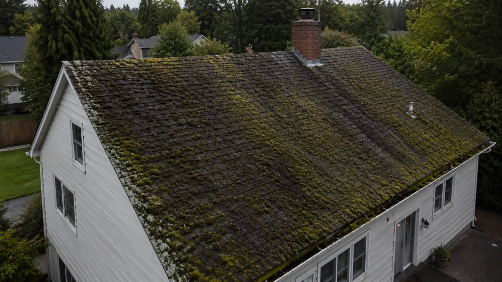 Aerial shot of mossy roof